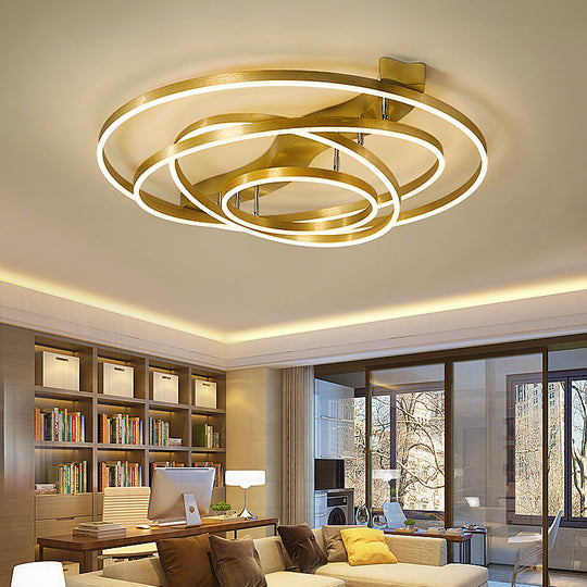 Gold Finish Ring Ceiling Mounted LED Semi Flush Light with Artistic Metal Detailing