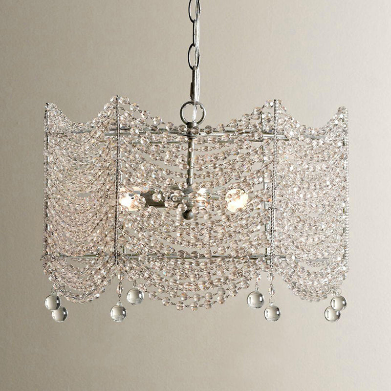 Vintage Scallop Suspension Chandelier With Crystal Beads - Silver Finish 3 Bulbs