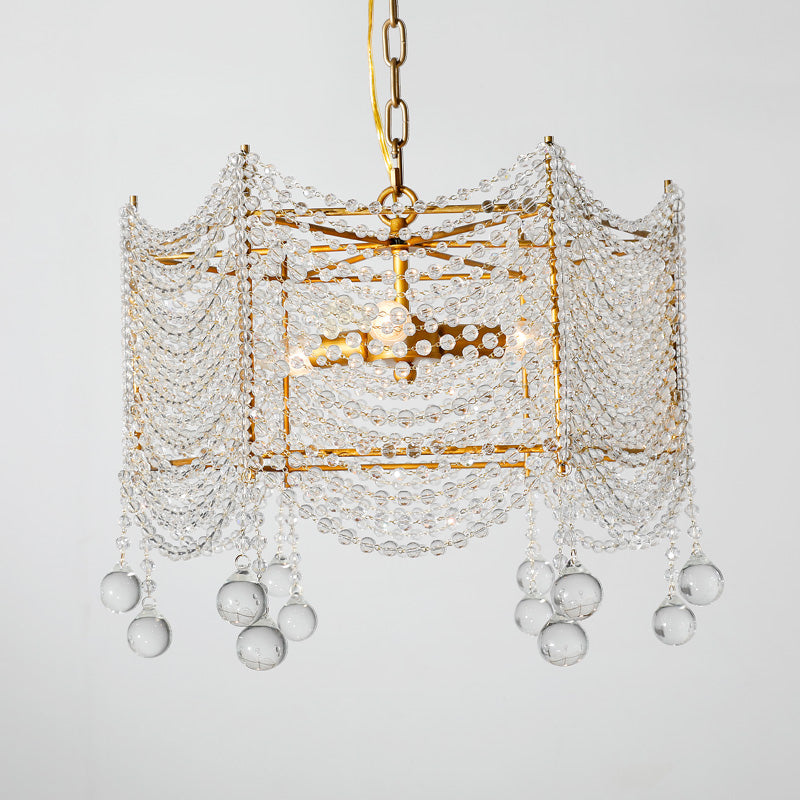 Vintage Scallop Suspension Chandelier With Crystal Beads - Silver Finish 3 Bulbs