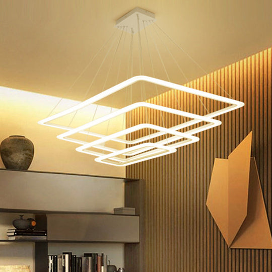 Contemporary Metallic LED Chandelier Pendant Light - Rectangular Layered Design for Living Room in White