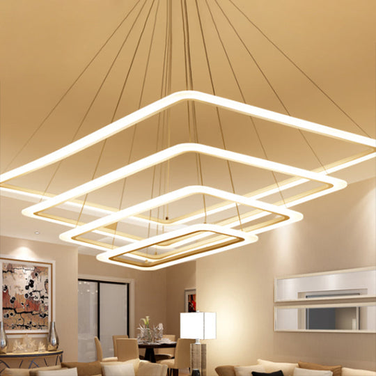 Contemporary Metallic LED Chandelier Pendant Light - Rectangular Layered Design for Living Room in White