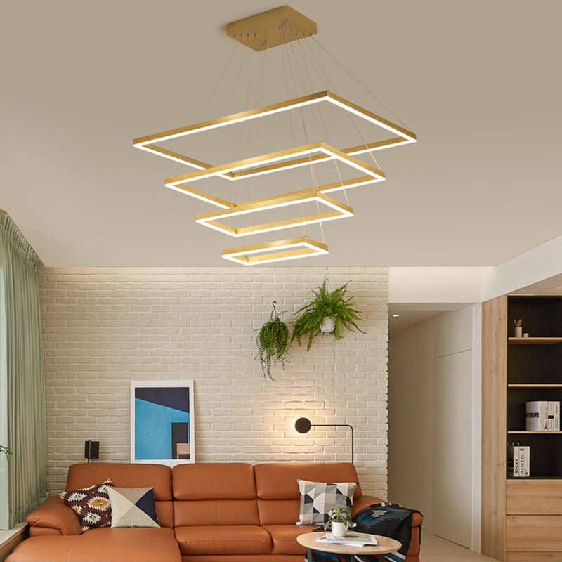 Modern Aluminum Gold Chandelier: Rectangle 4-Tier LED Ceiling Light