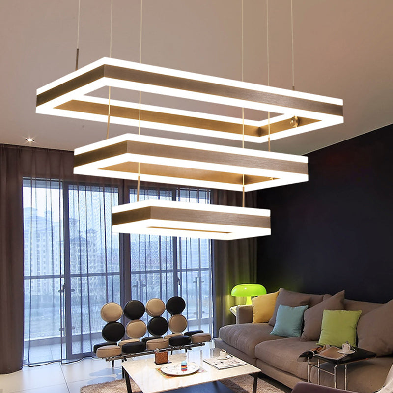 Metallic LED Pendant Light Fixture: Coffee Simplicity Rectangular Layered Chandelier