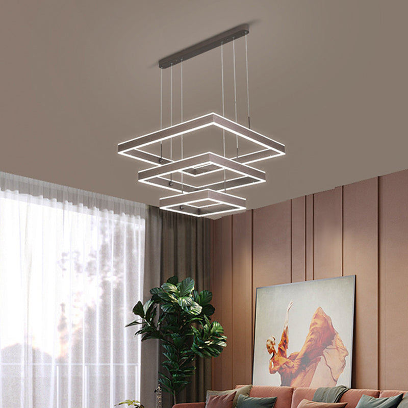 Simplicity Metallic Square Chandelier: Tiered Led Pendant Light For Coffee-Themed Living Room 3 /