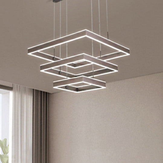 Simplicity Metallic Square Chandelier: Tiered Led Pendant Light For Coffee-Themed Living Room