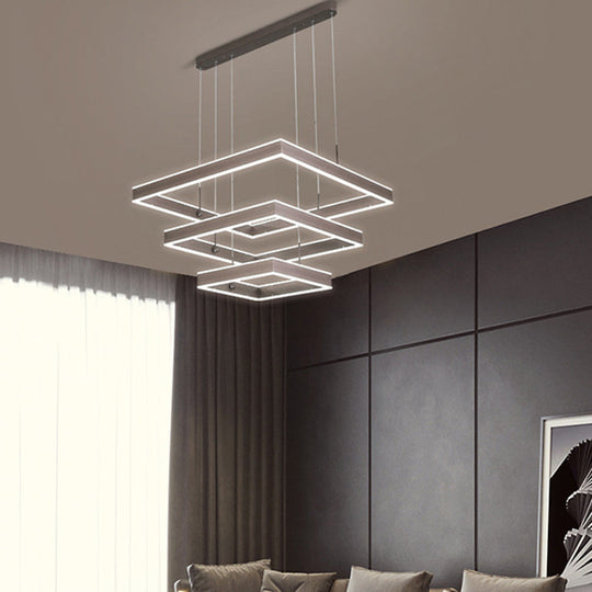 Simplicity Metallic Square Chandelier: Tiered Led Pendant Light For Coffee-Themed Living Room