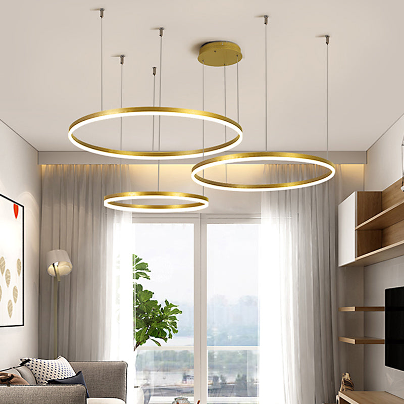 Minimalist Gold LED Pendant Light with Tiered Hoop Design for Living Room Chandelier Lighting