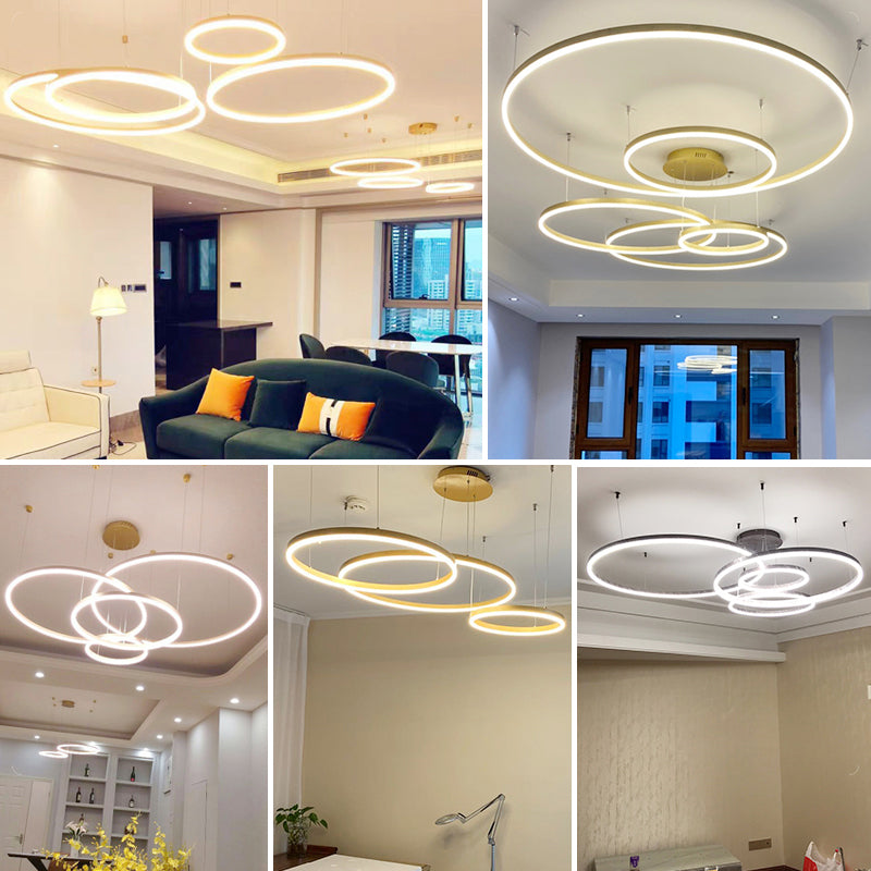 Minimalist Gold LED Pendant Light with Tiered Hoop Design for Living Room Chandelier Lighting