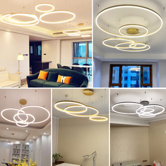 Minimalist Gold LED Pendant Light with Tiered Hoop Design for Living Room Chandelier Lighting