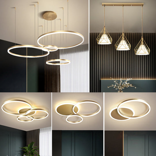 Minimalist Gold LED Pendant Light with Tiered Hoop Design for Living Room Chandelier Lighting