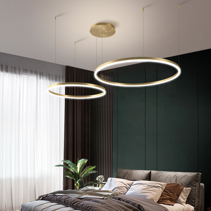 Contemporary Gold Led Chandelier Pendant Light - 2-Layer Metallic Ring Design