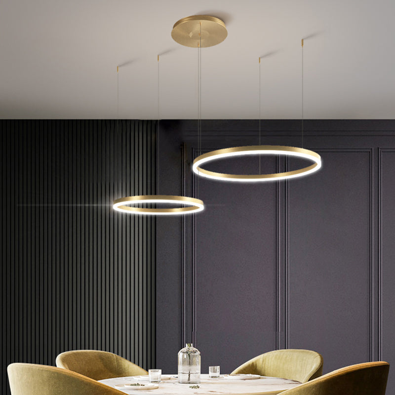 Contemporary Gold Led Chandelier Pendant Light - 2-Layer Metallic Ring Design