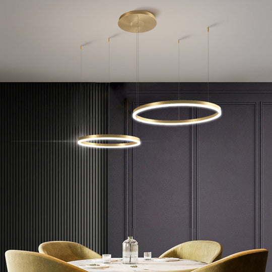 Contemporary Gold Led Chandelier Pendant Light - 2-Layer Metallic Ring Design