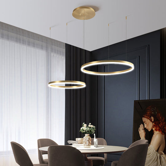 Contemporary Gold Led Chandelier Pendant Light - 2-Layer Metallic Ring Design