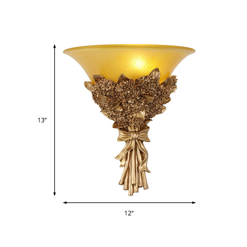 Vintage Flared Corridor Wall Sconce With Amber/White Glass And Blue/Gold Flower Accent