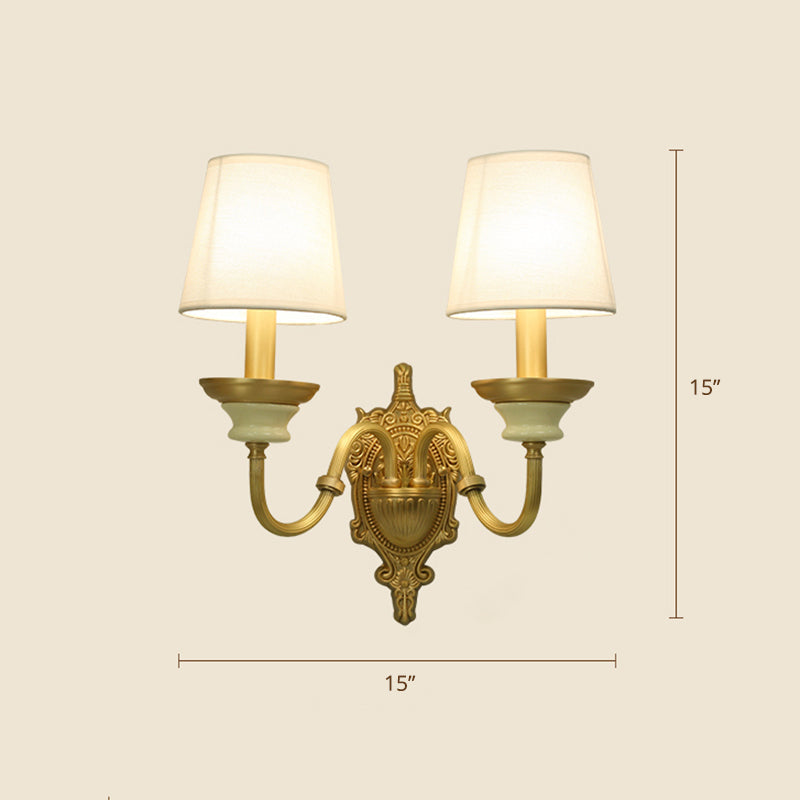 White And Brass Fabric Wall Mounted Light - Minimalist Tapered Sconce 2 /