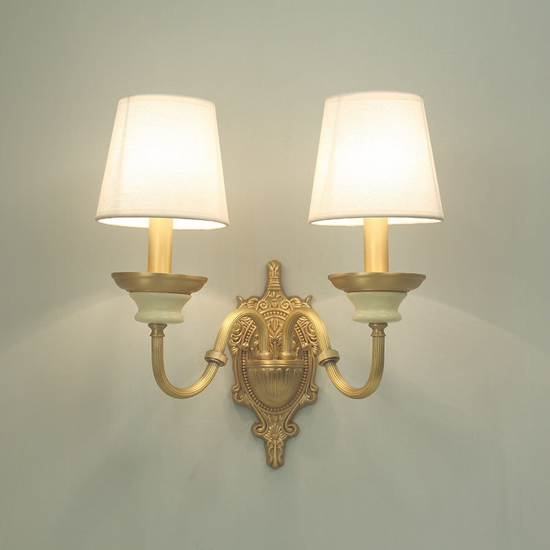 White And Brass Fabric Wall Mounted Light - Minimalist Tapered Sconce