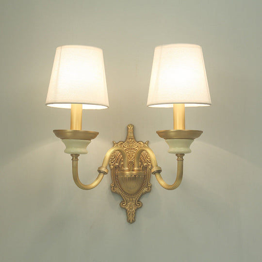 White And Brass Fabric Wall Mounted Light - Minimalist Tapered Sconce