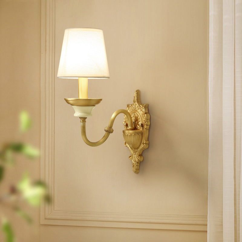 White And Brass Fabric Wall Mounted Light - Minimalist Tapered Sconce