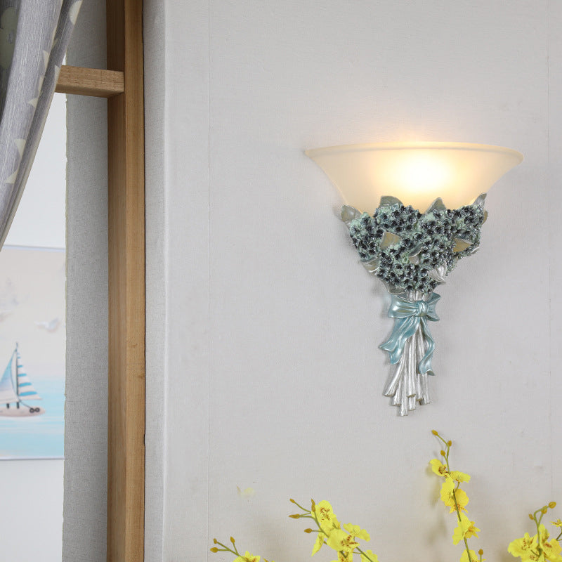 Vintage Flared Corridor Wall Sconce With Amber/White Glass And Blue/Gold Flower Accent Blue