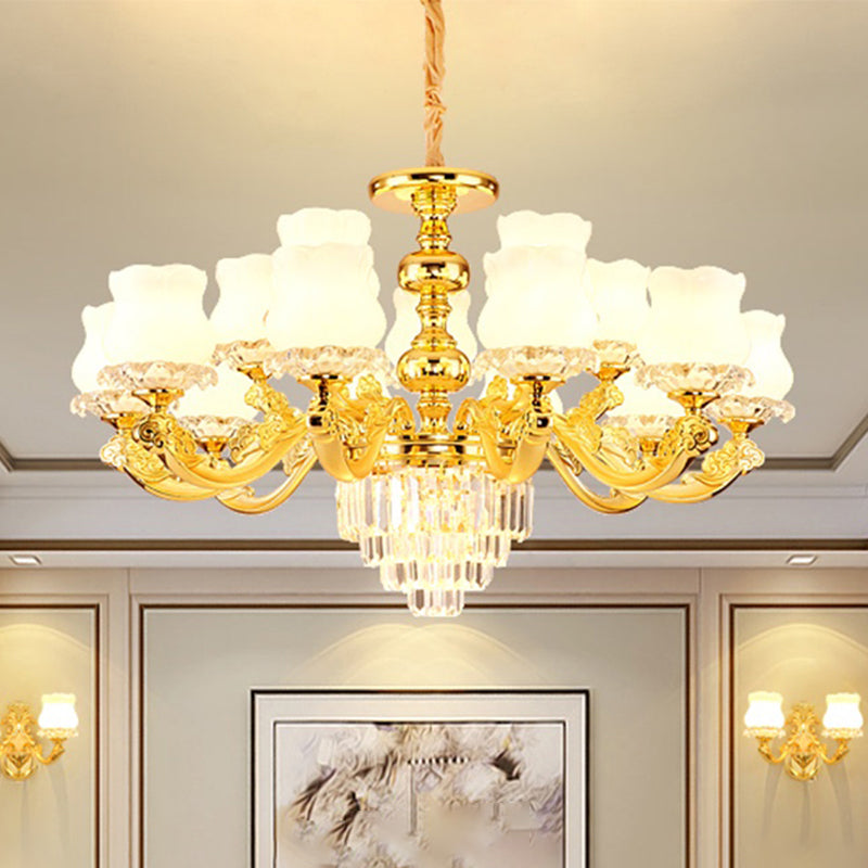 Traditional Opal Glass Gold Chandelier With Crystal Deco - Flower Restaurant Hanging Light Fixture