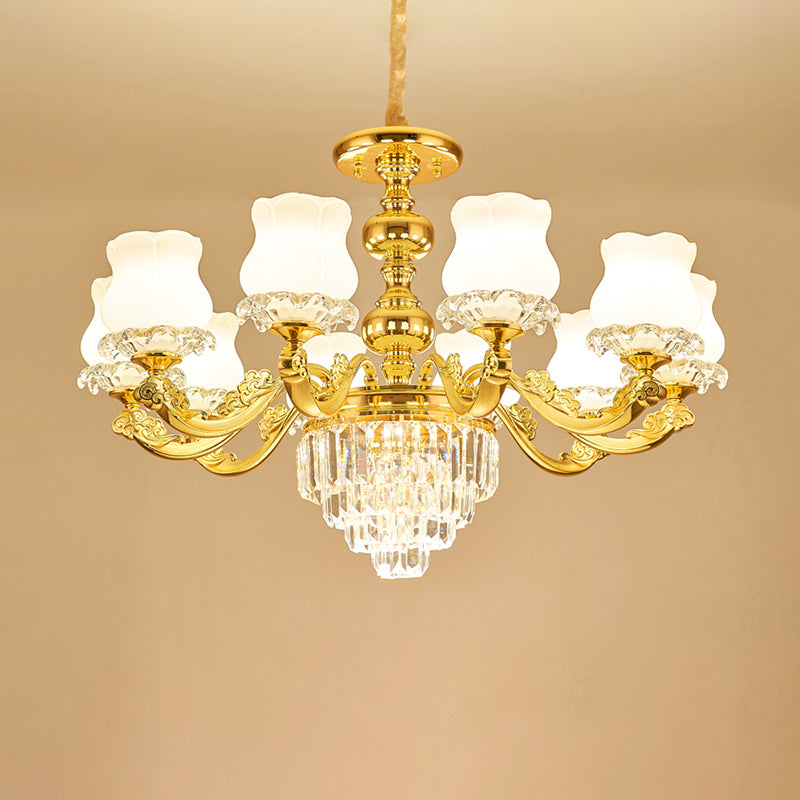 Traditional Opal Glass Gold Chandelier With Crystal Deco - Flower Restaurant Hanging Light Fixture