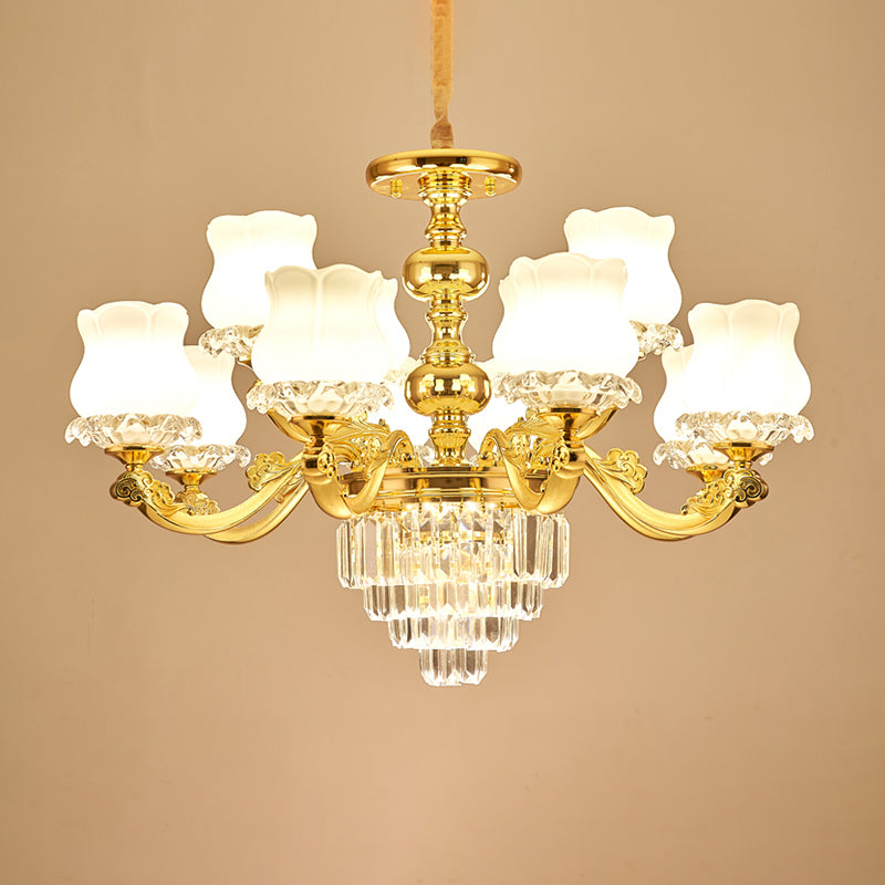 Traditional Opal Glass Gold Chandelier With Crystal Deco - Flower Restaurant Hanging Light Fixture