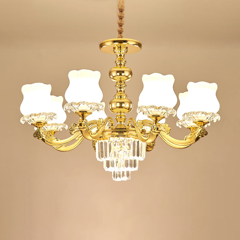 Traditional Opal Glass Gold Chandelier With Crystal Deco - Flower Restaurant Hanging Light Fixture