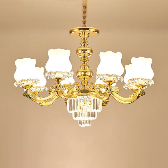 Traditional Opal Glass Gold Chandelier With Crystal Deco - Flower Restaurant Hanging Light Fixture