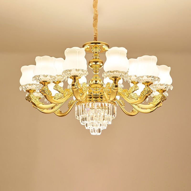 Traditional Opal Glass Gold Chandelier With Crystal Deco - Flower Restaurant Hanging Light Fixture