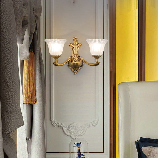 Traditional Bell Wall Sconce With Brass Finish And White Ribbed Glass