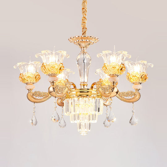 Blossom Crystal Glass Chandelier - Antique Style Ceiling Hang Light In Gold For Bedroom