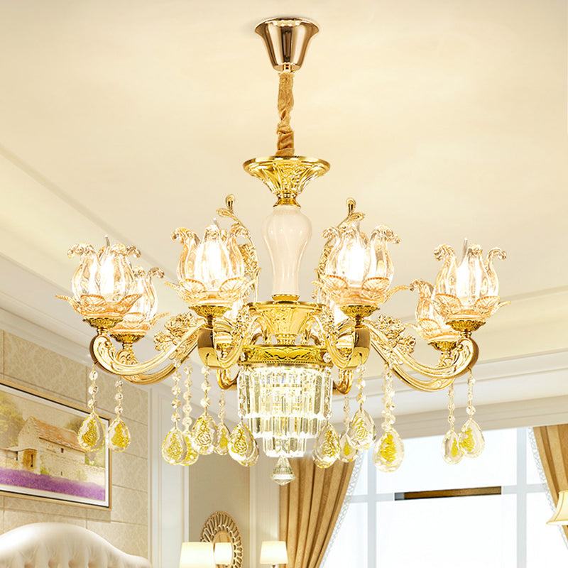 Lotus Shaped Glass Hanging Lamp: Traditional Bedroom Chandelier With Crystal Accents In Gold