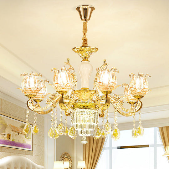 Lotus Shaped Glass Hanging Lamp: Traditional Bedroom Chandelier With Crystal Accents In Gold