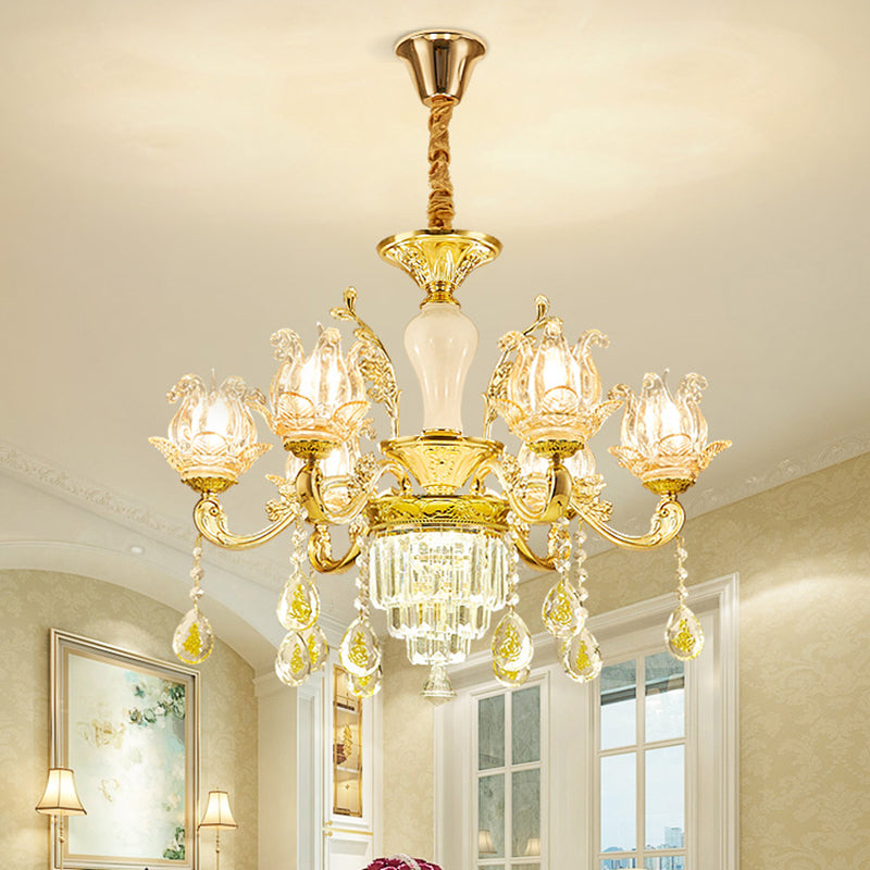 Lotus Shaped Glass Hanging Lamp: Traditional Bedroom Chandelier With Crystal Accents In Gold