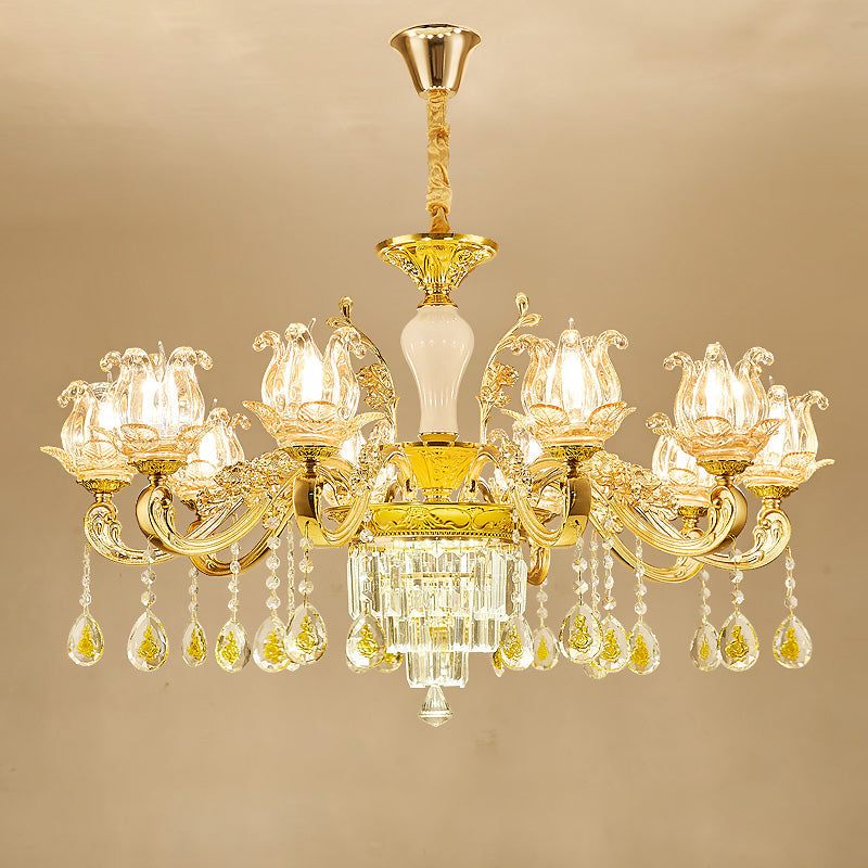 Lotus Shaped Glass Hanging Lamp: Traditional Bedroom Chandelier With Crystal Accents In Gold