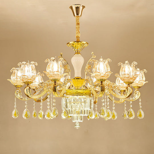 Lotus Shaped Glass Hanging Lamp: Traditional Bedroom Chandelier With Crystal Accents In Gold