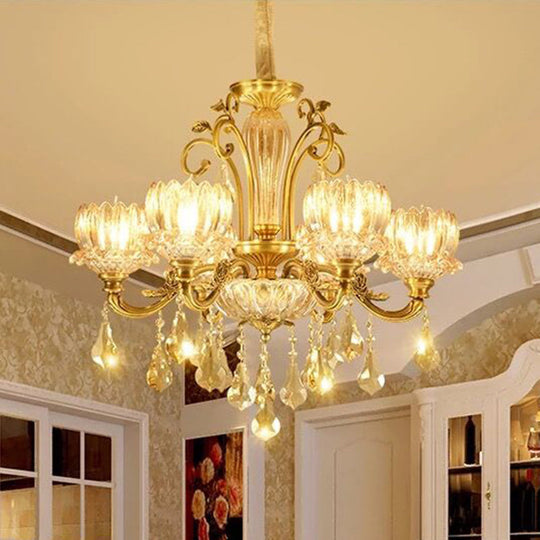 Lotus Carved Crystal Antique Gold Hanging Chandelier For Dining Room Ceiling