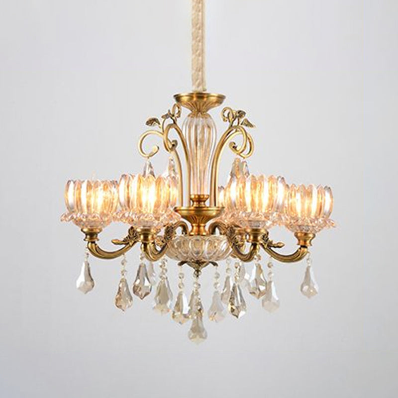 Lotus Carved Crystal Antique Gold Hanging Chandelier For Dining Room Ceiling