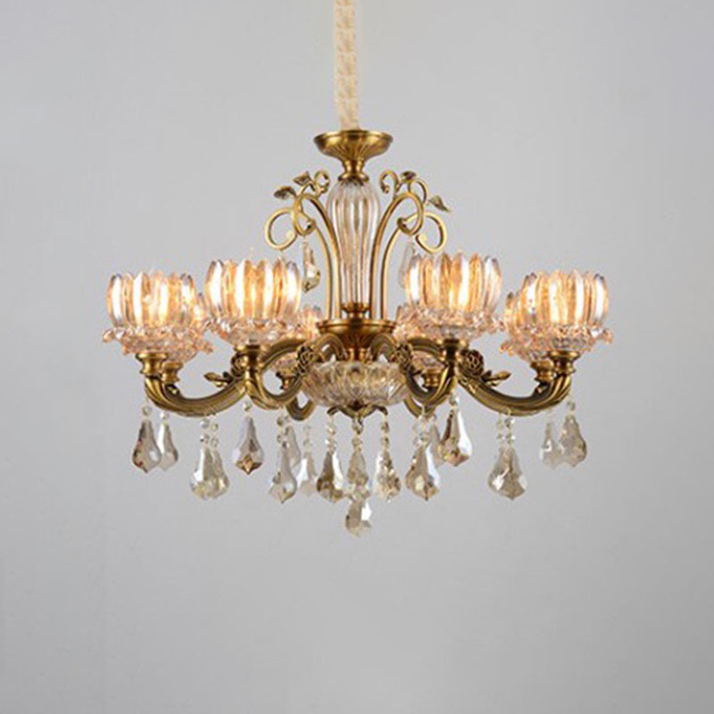 Lotus Carved Crystal Antique Gold Hanging Chandelier For Dining Room Ceiling