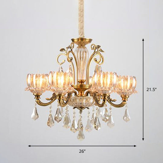 Lotus Carved Crystal Antique Gold Hanging Chandelier For Dining Room Ceiling