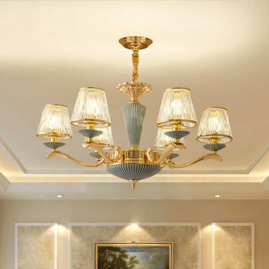 Antique Gold Ribbed Glass Chandelier - Elegant Bedroom Ceiling Pendant Lamp