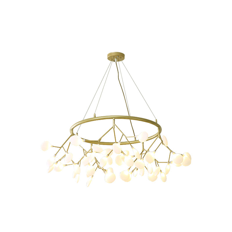 Golden Pendant Chandelier With Leaf Acrylic Shade - 45-Bulb Artistic Living Room Lamp Gold