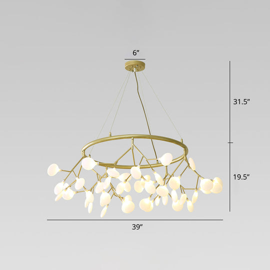 Golden Pendant Chandelier With Leaf Acrylic Shade - 45-Bulb Artistic Living Room Lamp