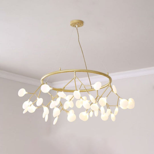 Golden Pendant Chandelier With Leaf Acrylic Shade - 45-Bulb Artistic Living Room Lamp