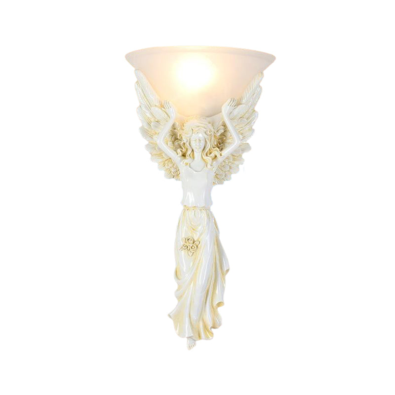 Vintage Flared Ribbed Glass Wall Lamp With Gold/White Angel Base - 1 Light Sconce