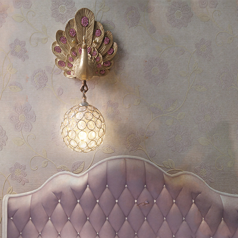 Peacock Crystal Wall Lamp With Gold/Pink/White Resin - Perfect Bedside Light Pink