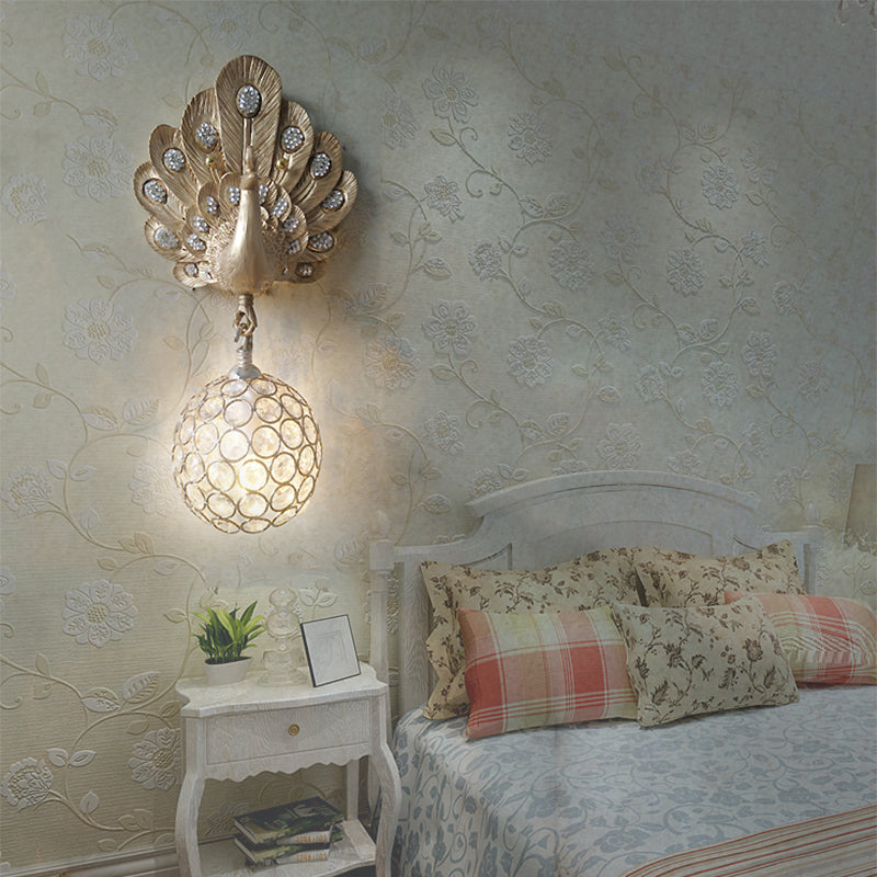 Peacock Crystal Wall Lamp With Gold/Pink/White Resin - Perfect Bedside Light