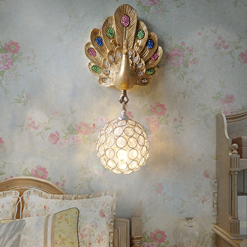 Peacock Crystal Wall Lamp With Gold/Pink/White Resin - Perfect Bedside Light Gold