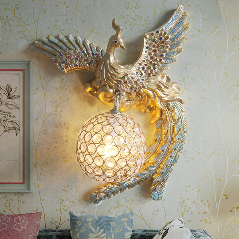 Antique Metal & Crystal Wall Sconce With Orb Design - 1-Light Living Room Lamp (White/Gold/Blue